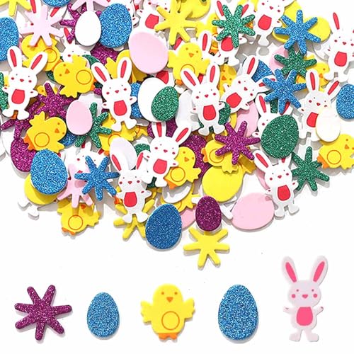 HERZONE 300pcs Ostern Aufkleber Sticker Ostern Moosgummi Aufkleber Glitzer Sticker Selbstklebend Ostern Bunt Ostern Dekoration Ei Hasen Küken Blumen Aufkleber für Kunsthandwerk Heimdekoration (A) von HERZONE