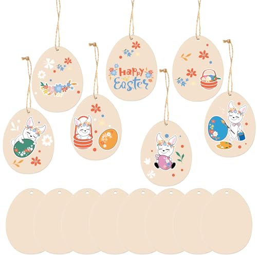 HERZONE 40pcs Ostern Holzanhänger Ostereier zum Bemalen Ostern Eier Holzscheiben mit Loch zum Aufhängen (eggs-8.5x6.5cm) von HERZONE