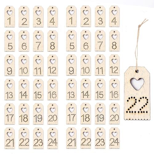 HERZONE 48pcs adventskalender zahlen aus holz 2 sets Adventskalender zum Basteln Zahlen 1-24 Weihnachten Countdown Zahlen Geschenkanhänger (A) von HERZONE