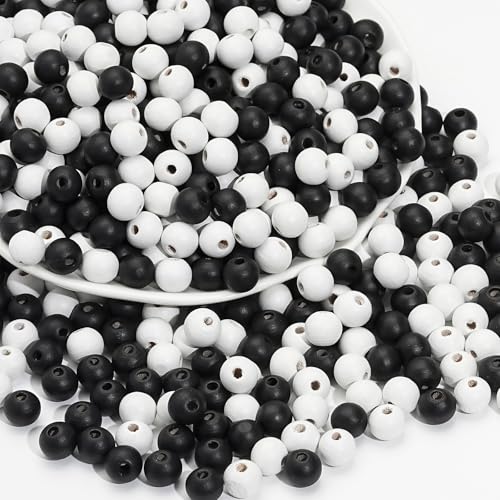 HERZONE 500pcs runde Holzperlen in weiß und schwarz Natürliche Holz Perlen zum Auffädeln für DIY Schmuck Herstellung (schwarz weiß /10mm) von HERZONE