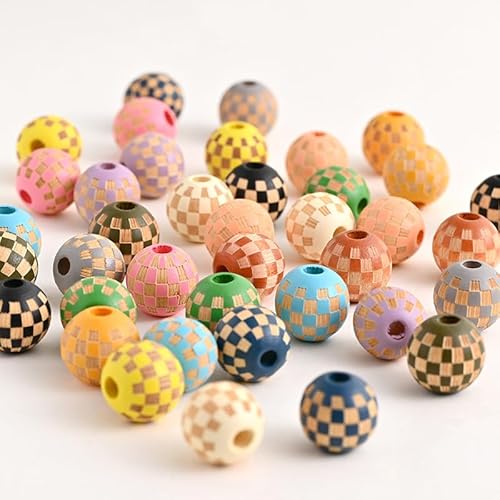 HERZONE 50pcs bunte Holzperlen runde Holz Perlen zum Auffädeln für DIY Schmuck Herstellung (B) von HERZONE