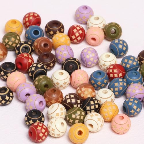 HERZONE 50pcs bunte Holzperlen runde Holz Perlen zum Auffädeln für DIY Schmuck Herstellung (C) von HERZONE