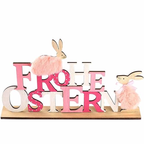 HERZONE Hase Aufsteller für Ostern,Osterhase Figur osterndeko Osterhase zum Hinstellen (pink- Frohe Ostern) von HERZONE