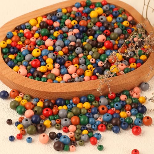 HERZONE ca.1200pcs runde Holzperlen in bunt 6mm 8mm 10mm Natürliche Holz Perlen zum Auffädeln für DIY Schmuck Herstellung (bunt/mix) von HERZONE