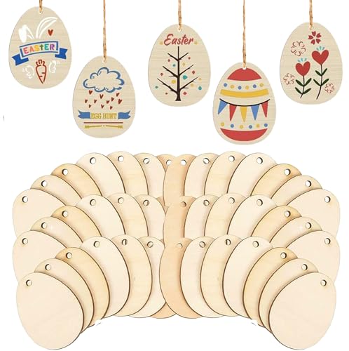 HERZWILD 40pcs Ostern Holzanhänger zu bemalen Ostern Basteln Holz Anhänger Ostereier Deko mit Schnur Holz Anhänger für Ostern (A) von HERZWILD