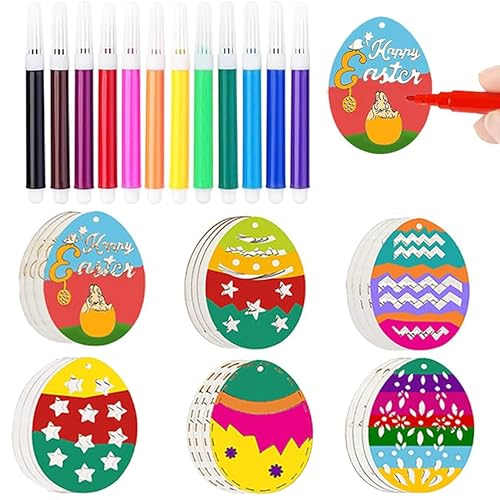 HERZWILD 42pcs DIY Basteln zum Bemalen,30pcs Ostern Holzanhänger Ostern Deko,mit 12 Aquarellstift, Holz Anhänger Osterbasteln für Kinder Ostereier Osterhase. von HERZWILD