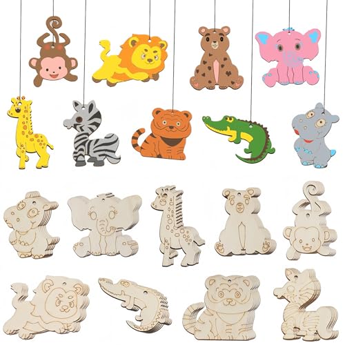 HERZWILD 45 Stück Tier-Holzausschnitte, Ornamente zum Basteln, Dschungeltiere, unlackierte Holzscheiben, blanko, Holz, Tiger, Affe, Elefant, hängende Dekoration für Weihnachten, Bastelarbeiten, von HERZWILD