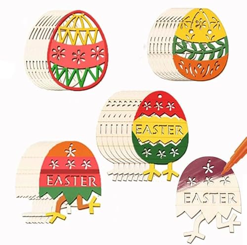 HERZWILD 46pcs DIY Basteln zum Bemalen,32pcs Ostern Holzanhänger Ostern Deko,mit Pigmente in 12-Farben 2 Malpinsel,zum Bemalen Ostereier zum Basteln von HERZWILD