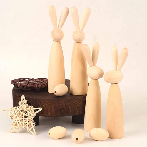 HERZWILD 4pcs Hasen aus Holz 4pcs Osterneier aus holz deko holz Kaninchen deko Kunsthandwerk (natur-14.5cm) von HERZWILD