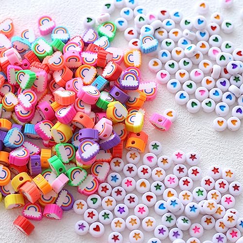 HERZWILD Bunte Polymer Clay Perlen zum Auffädeln 300pcs Polymer Clay Beads Weiche Topfperlen mit runden Herzperlen Sternperlen für Schmuck Basteln (Rainbow) von HERZWILD