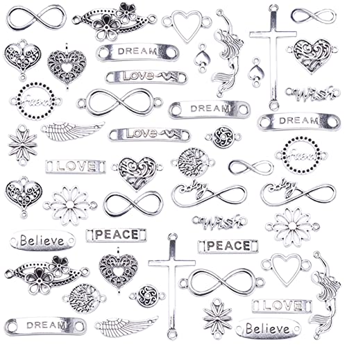 HERZWILD Schmuckverbinder Metall 50pcs gemischte charms anhänger set DIY Schmuckanhänger Anhänger Herz Schmuckverbinder DIY Basteln Charms Anhänger Halskette Armband Making Zubehör (Silver) von HERZWILD