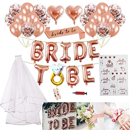 Bride to Be Deko,Jga Deko Frauen für den Junggesellinnenabschied,Luftballons+Banner+Schärpe+weißer Schleier mit Kamm+21 Tattoos für Team Braut's Bachelorette Party (Rose Gold, Luftballons) von HESHIFENG. party & accessories