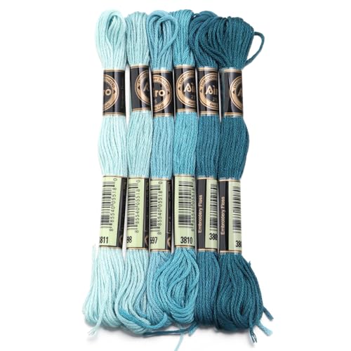 HESHUWEN Stickgarn 6Pcs/Lot 8m Polyester Cross Stitch Thread Colorful Embroidery Thread String Strap for DIY Sewing Crafts Clothing Accessories Stickgarn Set(Blue 07) von HESHUWEN