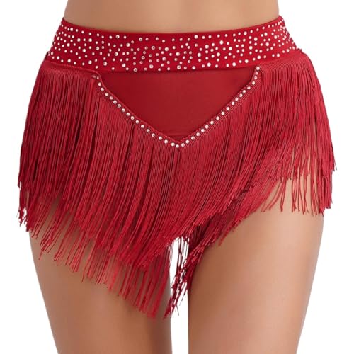 HESHUYAN Bauchtanz HüFttuch Damen Ballett-Tanzkostüm mit Quaste, sexy Bauchtanz-Hose, hochelastisch, durchsichtig, Netzstoff, Slips, Unterwäsche, Tanzbekleidung Bauchtanz KostüM Damen(Burgundy,XL) von HESHUYAN