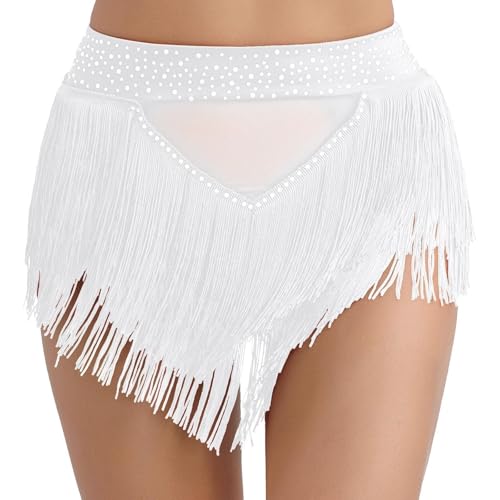 HESHUYAN Bauchtanz HüFttuch Damen Ballett-Tanzkostüm mit Quaste, sexy Bauchtanz-Hose, hochelastisch, durchsichtig, Netzstoff, Slips, Unterwäsche, Tanzbekleidung Bauchtanz KostüM Damen(White,L) von HESHUYAN