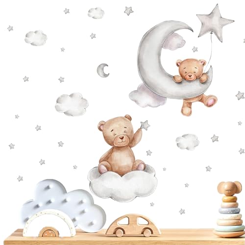 HESUSUSI Wandsticker Babyzimmer, 2 Stück Teddybär Wandtattoo Wolke Wandtattoo Waldtiere Bär Wandsticker Kinderzimmer Schlafzimmer Wanddeko Für Kinderzimmer Babyzimmer Spielzimmer Zimmer von HESUSUSI