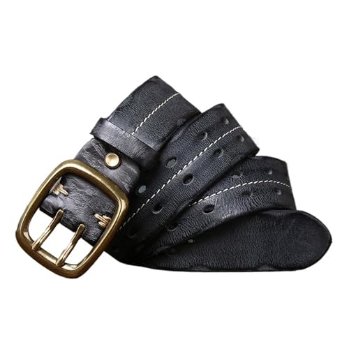 HEUchuan Gürtel Reines Rindsleder Echtes Leder Gürtel Männer Strap Männlich Doppel Nadel Messing Schnalle Gürtel Vintage Jeans Cowboy 3,8 cm für Männer Elastische Hosen(105CM,Black) von HEUchuan