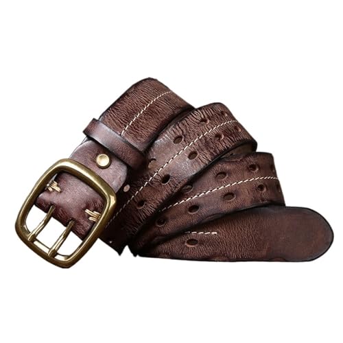 HEUchuan Gürtel Reines Rindsleder Echtes Leder Gürtel Männer Strap Männlich Doppel Nadel Messing Schnalle Gürtel Vintage Jeans Cowboy 3,8 cm für Männer Elastische Hosen(105CM,Coffee) von HEUchuan