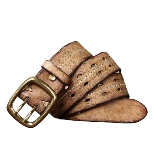 HEUchuan Gürtel Reines Rindsleder Echtes Leder Gürtel Männer Strap Männlich Doppel Nadel Messing Schnalle Gürtel Vintage Jeans Cowboy 3,8 cm für Männer Elastische Hosen(105CM,Khaki) von HEUchuan