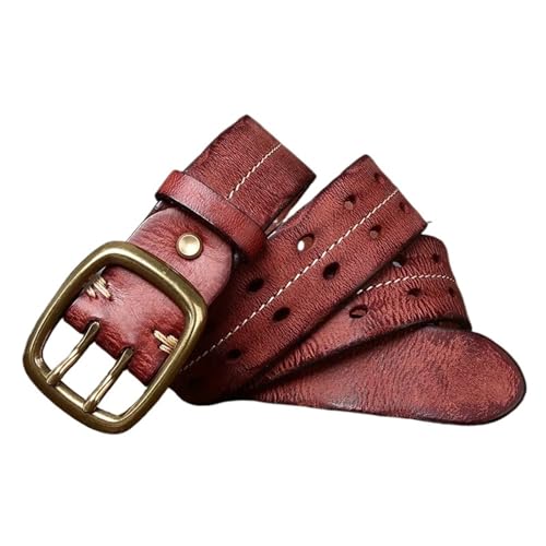 HEUchuan Gürtel Reines Rindsleder Echtes Leder Gürtel Männer Strap Männlich Doppel Nadel Messing Schnalle Gürtel Vintage Jeans Cowboy 3,8 cm für Männer Elastische Hosen(105CM,Red Brown) von HEUchuan