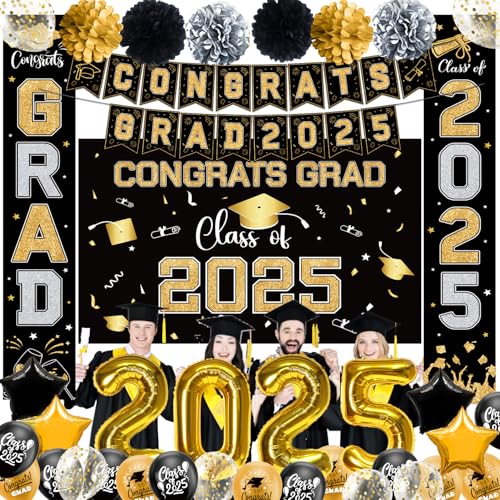 Abschlussdekorationen, Klasse 2025, Goldabschlussparty-Zubehör, Klasse 2025, Banner "Congrats Grade 2025", Luftballons, Veranda-Schild, Foliennummer 2025 für High School & College Feiern (Gold) von HEWUAUL