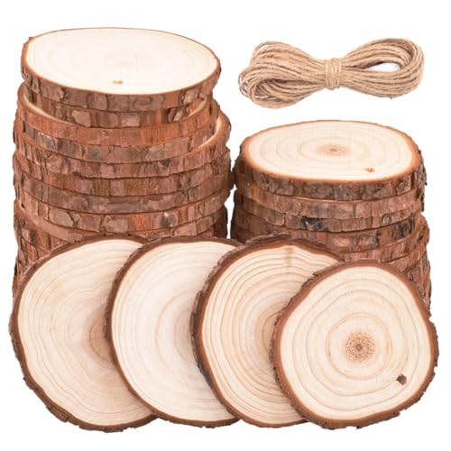 Natürliche Holzscheiben 30 Stück 6-7cm Unfertige Holzspäne mit natürlicher Juteschnur für DIY Handwerk Weihnachtsdekoration Hochzeitsdekoration von HEXJOZEI