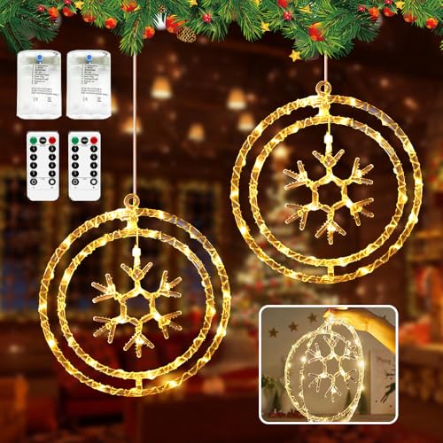 HEYIDAMAI Schneeflocke Fenster Licht, 2 Stück Weihnachtsbeleuchtung Schneeflocke, Beleuchtung Fenster Weihnachten, LED Fensterdeko Weihnachten, mit 8 Blinkenden Modi & Fernbedienung, Batterie & USB von HEYIDAMAI