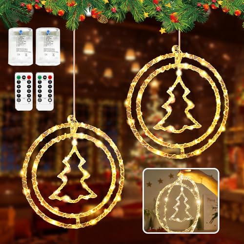 HEYIDAMAI Weihnachtsbaum Fenster LED, 2 Stück Fensterbeleuchtung Weihnachten, LED Weihnachtsbaum Fensterdeko, Fenster Weihnachtsbeleuchtung, mit 8 Blinkenden Modi & Fernbedienung, Batterie & USB von HEYIDAMAI