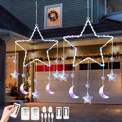 HEYIDAMAI Weihnachtsbeleuchtung Sterne Fenster, 2 Stück LED Beleuchtung Weihnachten Fenster, LED Stern Fenster Weihnachten mit 8 Blinkenden Modi & Fernbedienung,Batterie & USB Shining Ribbon Fairy von HEYIDAMAI