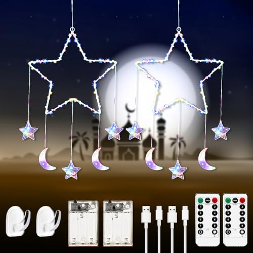 Ramadan Lichterkette,2 Stück Mond Stern Lichterkette,Led Ramadan Licht Stern Mond Lichterkette,mit 8 Blinkenden Modi & Fernbedienung,Batterie & USB betriebene Lichterkette,Shining Ribbon Fairy von HEYIDAMAI