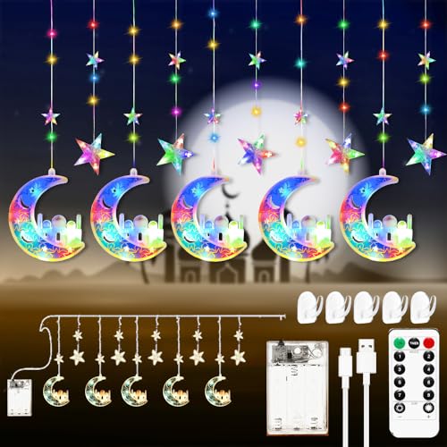 Ramadan Lichterkette,3M Mond Stern Lichterkette,120 LED Sterne Mond und Schloss Ramadan Deko Licht,mit 8 Blinkenden Modi & Fernbedienung,Batterie & USB betriebene Lichterkette，Shining Ribbon Fairy von HEYIDAMAI