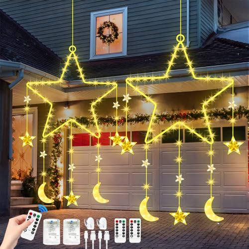 Weihnachtsbeleuchtung Sterne Fenster, 2 Stück LED Beleuchtung Weihnachten Fenster, LED Stern Fenster Weihnachten, Stern Deko Fenster mit 8 Blinkenden Modi & Fernbedienung,Batterie & USB Betriebene von HEYIDAMAI