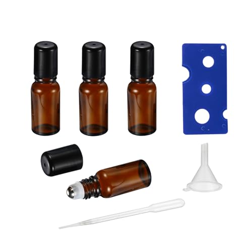 HEYLEAYAR 5 ml Rollerflaschen für ätherisches Öl, 4 Stück, leere bernsteinfarbene Glas-Rollerflaschen für Parfümöl, Roll-on-Flaschen mit Edelstahl-Rollkugeln, Öffner, Trichter und Pipette von HEYLEAYAR