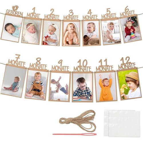 HEYOMI Foto Banner 1. Geburtstag für 1 bis 12 Monate Baby Fotogirlande Geburtstagsdeko Hängende Wanddekoration für Mädchen Jungen Party Deko Feiern Deutsch Kraftpapier Girlande Erster Kommunion von HEYOMI