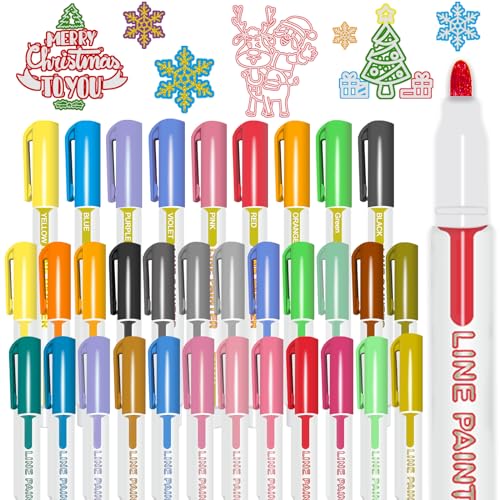 HEYUNG 33 Farben Weihnachten Doppellinie Umrissmarker, Xmas Zeichnen Marker, Schnörkeln, Schimmernmarker, Set Weihnachten Umriss Metallic Marker Stifte für Weihnachten Grußkarte Festlich DIY Handwerk von HEYUNG