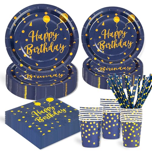 125 Stück Blau und Gold Partygeschirr Party Set ,Happy Birthday Deko Partyzubehör Pappteller für Geburtstagsdeko Junge Mädchen Partys 25 Gäste von HFBOBP