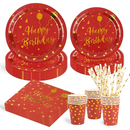 125 Stück Rot und Gold Partygeschirr Party Set,Happy Birthday Deko Partyzubehör Pappteller für Geburtstagsdeko Junge Mädchen Partys 25 Gäste von HFBOBP