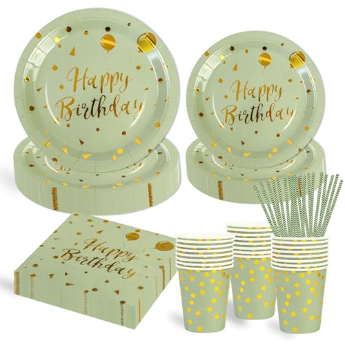 125 Stück Salbeigrün Partygeschirr Party Set ,Happy Birthday Deko Partyzubehör Pappteller für Geburtstagsdeko Junge Mädchen Partys 25 Gäste von HFBOBP