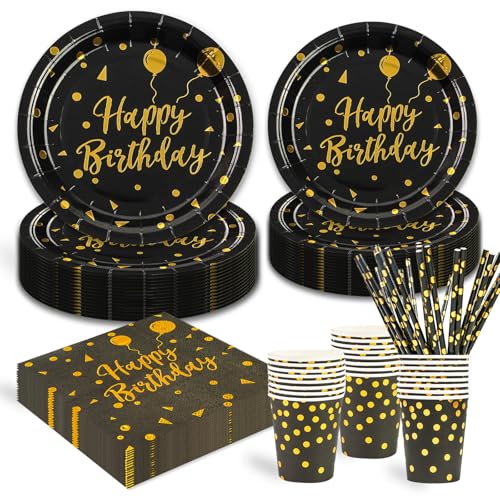 125 Stück Schwarz und gold Partygeschirr Party Set ,Happy Birthday Deko Partyzubehör Pappteller für Geburtstagsdeko Junge Mädchen Partys 25 Gäste von HFBOBP