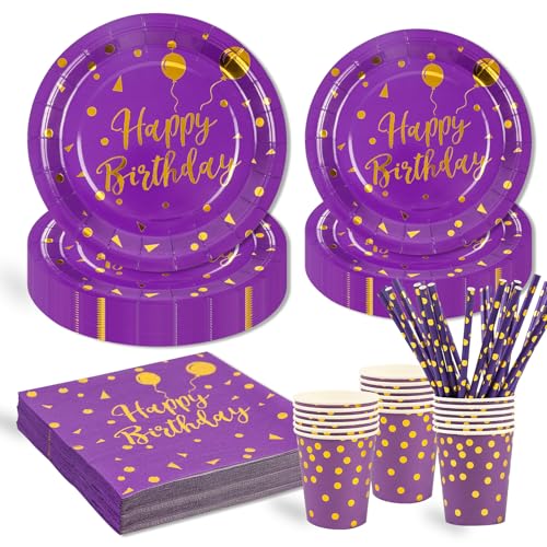 125 Stück Violette und Gold Partygeschirr Party Set ,Happy Birthday Deko Partyzubehör Pappteller für Geburtstagsdeko Junge Mädchen Partys 25 Gäste von HFBOBP