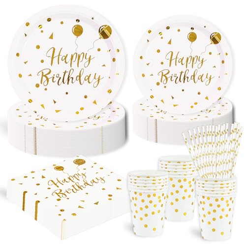 125 Stück Weißgold Partygeschirr Party Set ,Happy Birthday Deko Partyzubehör Pappteller für Geburtstagsdeko Junge Mädchen Partys 25 Gäste (Weißgold) von HFBOBP