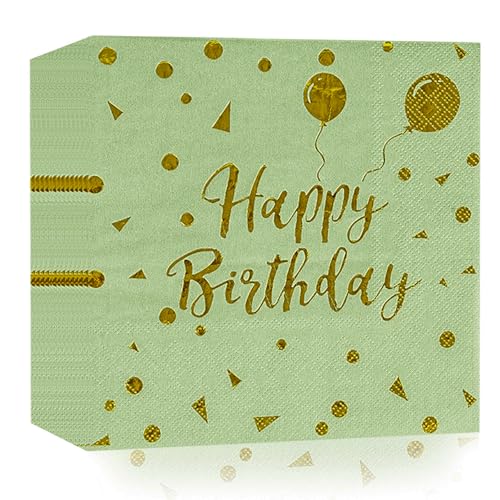 40 Stück Happy Birthday Salbeigrün Gold Geburtstag Servietten,33x33cm Papier Party Servietten für Mann Frau Mädchen Geburtstag Party Deko von HFBOBP