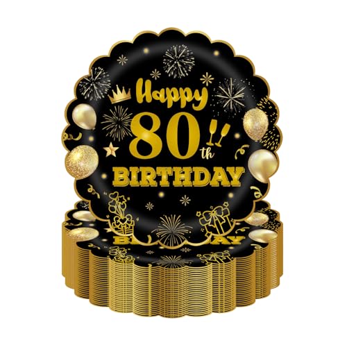 HFBOBP 50 Stück 80. Geburtstag Party Pappteller, 17.78cm Einweg Schwarz und Gold Scalloped Dessert Partyteller Party für Hochzeit Jahrestag Dekorationen HFBOBP 50 Stück 80. Geburtstag Party Pappteller, 17.78cm Einweg Schwarz und Gold Scalloped Dessert Partyteller Party für Hochzeit Jahrestag Dekorationen von HFBOBP