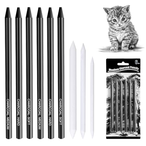 HFDONGL 6 Stück Kohlestifte zum Zeichnen Zeichenkohle Professionelle Kohlestift mit 3 Papierwischer Zeichnen Zubehör für Malen Skizzieren Entwerfen Kunst (2 Soft+2 Medium+2 Hard) von HFDONGL