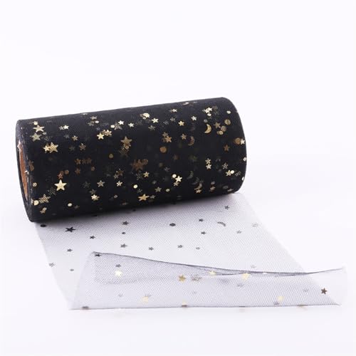 Organza Stoff Rolle, 15 cm * 25 Yards Bronzing Stars Mond Tüll Rollen Glitter Pailletten Tüll Mesh Tutu Rock Hochzeitsfest Dekoration(Black) von HFGDRH