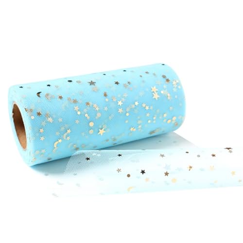 Organza Stoff Rolle, 15 cm * 25 Yards Bronzing Stars Mond Tüll Rollen Glitter Pailletten Tüll Mesh Tutu Rock Hochzeitsfest Dekoration(Water Blue) von HFGDRH