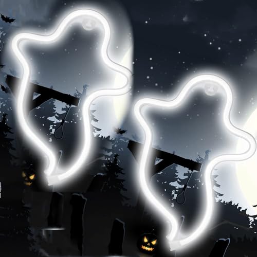 2 Stück Geister Halloween LED Ghost Neonschilder Horror Deko Nachtlampe Gothic Lichter Halloween Gruselige Innendekoration für Schlafzimmer, Wohnheim, Wand, Fenster, Weihnachtsfeier (Weiß) von HFHungkeong