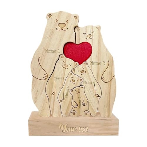 HFLWYWD Personalisiertes Holzkunstpuzzle „Bärenfamilie“, Holzbärenskulpturen, Schreibtischornament mit 2–6 Namen, Tierpuzzle, Holzfigur der Bärenfamilie (6 STK mit Sockel) von HFLWYWD