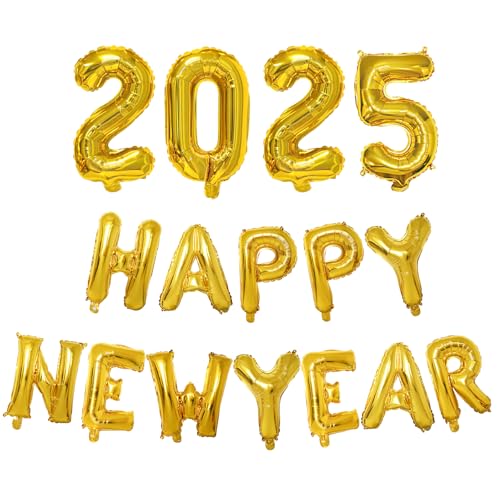 2025 Happy New Year Deko Folienballon, Happy New Year Deko Luftballon, Silvester Party Deko Ballon Zubehör, Happy New Year Dekorationen Set 2025, Für Silvester Party Deko Supplies (A-Gold) von HFMYGS