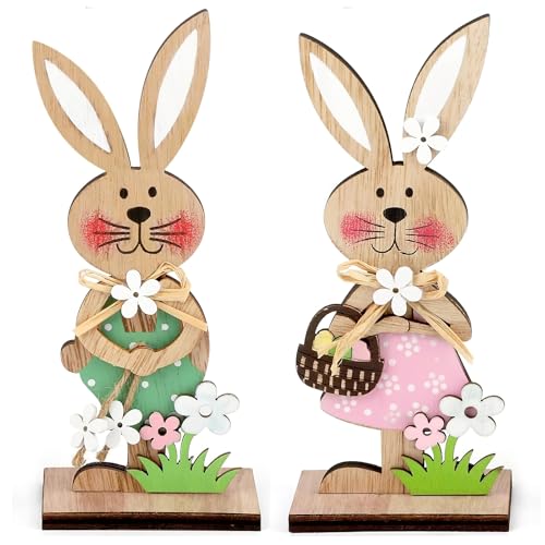 HFMYGS 2 Stück Osterdeko Holz Hase, Osterhase Deko aus Holz zum Hinstellen, Deko Aufsteller für Ostern, Osterdekoration Garten Osterhasen, Oster Tischdeko, Ostern Hase Aufsteller von HFMYGS